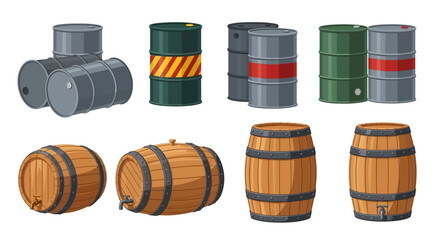 Vector illustration set of cartoon oil drums and wooden casks for storing various chemical and organic liquids