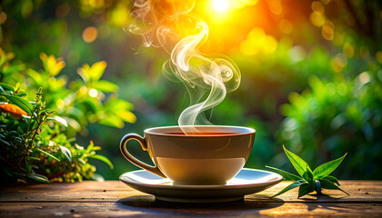 Tea steam spirals above a ceramic cup, symbolizing wellness and balanced lifestyle