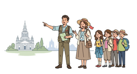 Fototapeta premium Engaging Tour Guide Leading a Group with Historical Building View