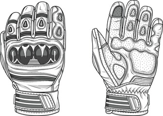 Motorcycle gloves sketch, protective gear illustration, rider safety design, flat vector, apparel CAD, cad drawing flat vector illustration