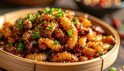 Close up of a rustic bamboo bowl filled with fried grubs sprinkled with chopped green onions and chili flakes seasoned with soy sauce and sesame seeds in a warm natural light setting
