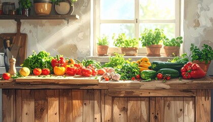 A wooden counter with vibrant fresh vegetables, herbs, warm daylight and a clean natural cooking mood.