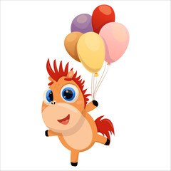 A cute cartoon pony with balloons. Pony, horse, gift, balloon, flight, sleep, dream, fantasy, holiday, emotion, vector, joy