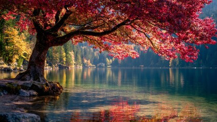 Vibrant autumn foliage reflecting in calm lake waters surrounded by serene natural landscape under clear sky