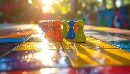 Colorful Board Game Pieces Lined Up on a Vibrant Game Board Bathed in Golden Sunlight Outdoors