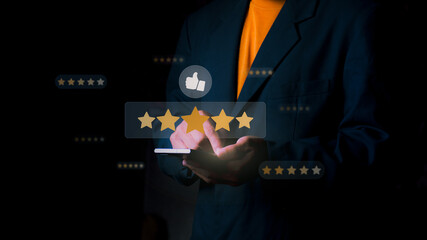 Satisfaction Survey Concept Best Customer Service Rating Experience for Businesses Men Give Five Stars Through Smartphones Service Experience Ratings Through Online Applications