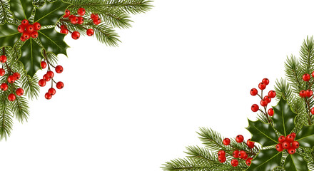 Christmas holly and pine border isolated on transparent background