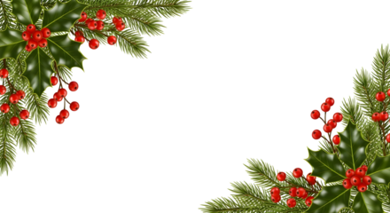 Christmas holly and pine border isolated on transparent background