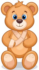 Obraz premium Adorable cartoon teddy bear, light brown, with big blue eyes, wearing a bandage across its shoulder