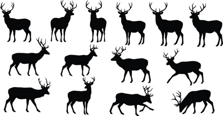 Deer silhouettes collection, stag and buck vector set, wildlife animal poses, hunting and forest nature illustration, wild animal art