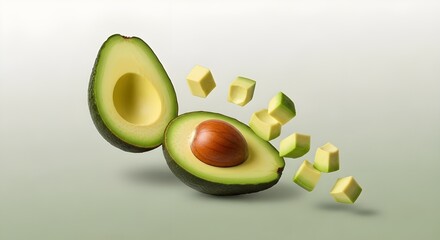 Floating Avocado Halves Fresh Sliced Avocado with Pit and Cubes Flying against a Light Green Background