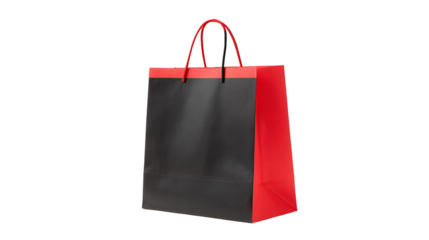 Tall black and red paper shopping bag with handles isolated on transparent background