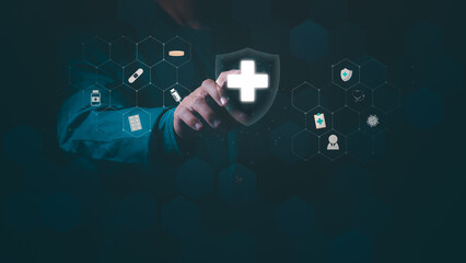 The concept of medical insurance and access to health benefits, fast and modern health technology, provides medical information and consultation.