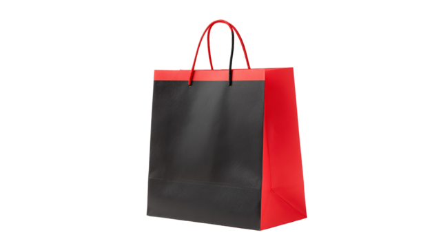 Tall black and red paper shopping bag with handles isolated on transparent background