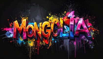 Colorful Graffiti Art Spelling Mongolia With Splatter Paint Effects On A Dark Background