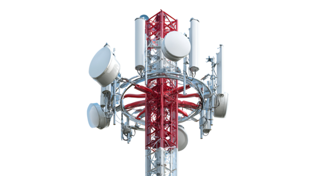 Detailed view of a modern cellular tower with antennas isolated on transparent background