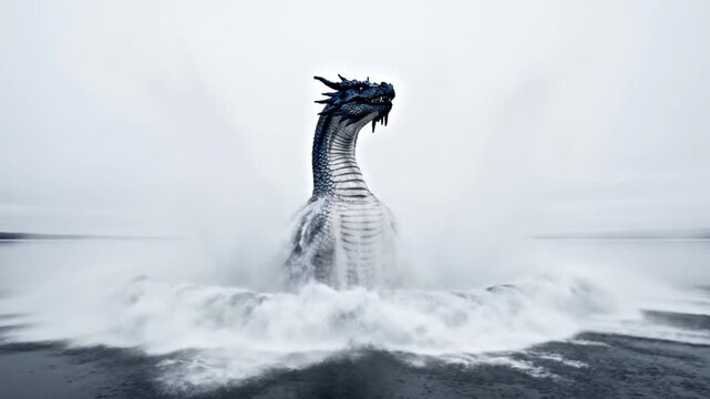 A colossal mythical sea beast, resembling an ancient dragon, dramatically emerges from the dark water amidst a powerful splash, hinting at hidden legends and the immense power of nature's mysteries