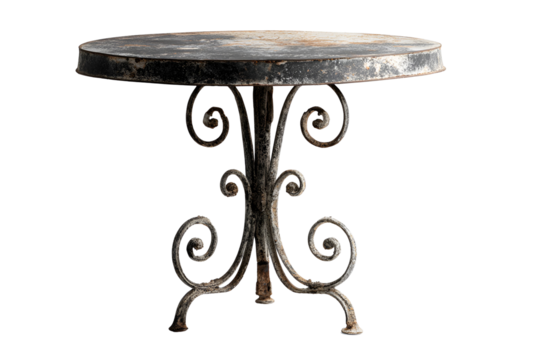Antique wrought iron side table with ornate details isolated on transparent background