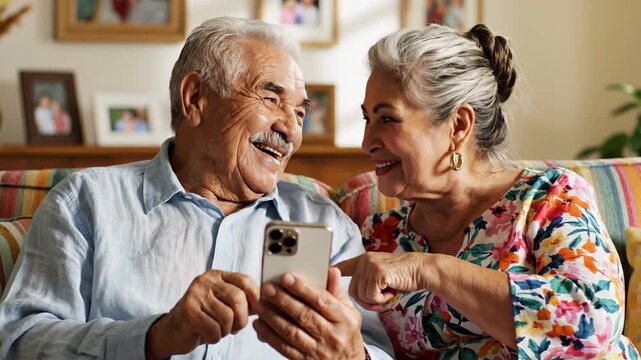 An elderly couple shares a moment of laughter, looking at a smartphone together. The woman points at the phone.  Behind them are family photos