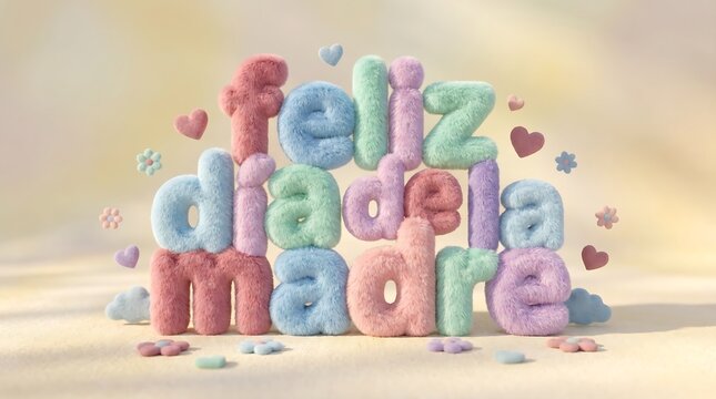 Happy Mother's Day in Spanish A Colorful, Fluffy Text Design with Hearts and Flowers