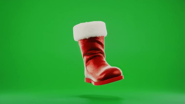 Festive Red Christmas Boot with Plush White Fur Trim, Elegantly Suspended Against a Vibrant Green Chroma Key Background, Perfect for Holiday Design and Seasonal Cheer