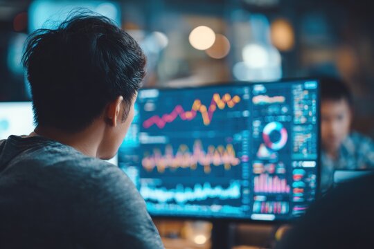 Asian office worker collaborating with tech team, analyzing sales data, AI insights, charts, graphs, and creating business intelligence dashboards in modern workplace.