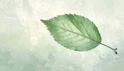 Close Up Of A Single Green Leaf With Tiny White Dots Against A Textured Light Green Background