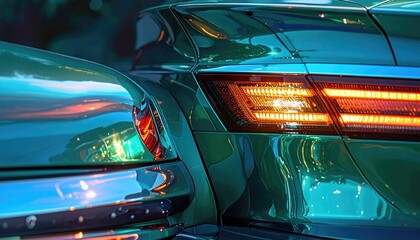 Close up of a sleek teal car's rear taillight reflecting city lights at dusk with a futuristic design