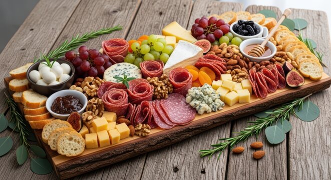 Rustic charcuterie board with cheeses, meats, fruits, and nuts on wooden table