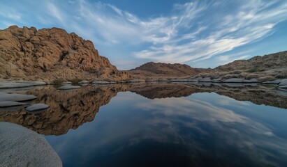 Serene reflection of sky in desert oasis surrounded by rocky formations and boulders creating peaceful natural landscape.