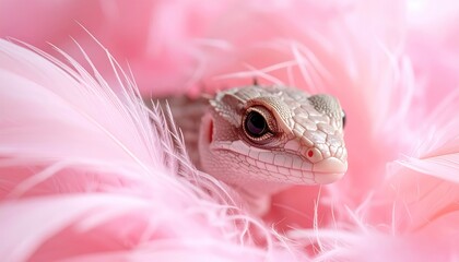 Close up of a small reptile with detailed scales and black eyes nestled amongst soft pink feathers with delicate light filtering through the plumes