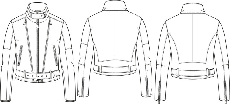 Biker jacket vector illustration, moto coat flat sketch with zipper details, front and back view technical drawing template, belted waist outerwear design mockup.
