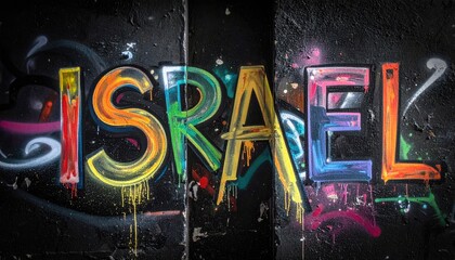 Naklejka premium Colorful Graffiti Word Israel Painted on a Textured Wall with Splattered Paint and Vibrant Hues