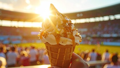 Close Up Of A Soft Serve Ice Cream Cone With Caramel Drizzle And Sprinkles Held Up In The Sunlight At A Sporting Event With A Crowd In The Background