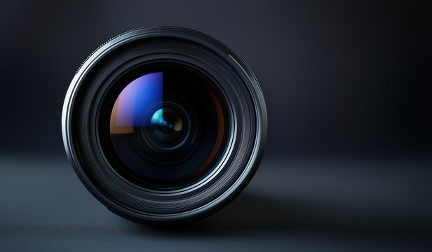 Camera lens on black background symbolizing importance of visual representation in marketing and advertising concepts. - Powered by Adobe