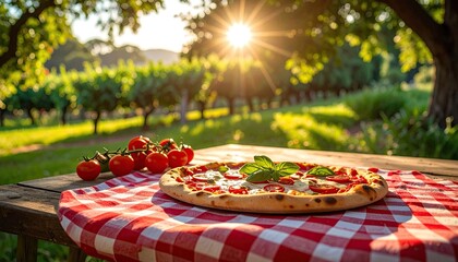 Delicious Pizza with Fresh Tomatoes on a Red Gingham Tablecloth in a Sun Drenched Vineyard at Golden Hour