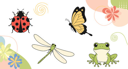 Obraz premium Charming collection of spring and summer wildlife illustrations, including a ladybug, butterfly, dragonfly, and frog with floral elements.