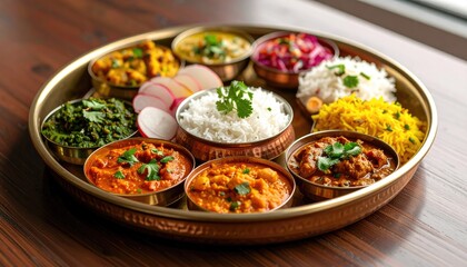 Colorful Indian Thali Platter with Variety of Curries Rice and Vegetables in Copper Bowls on Wooden Table