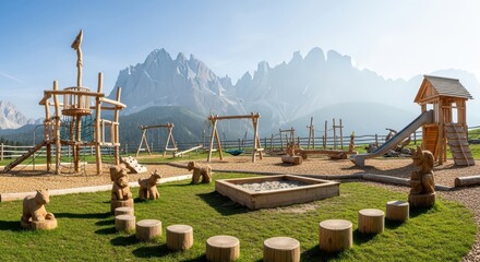 Scenic mountain playground with wooden structures and majestic backdrop