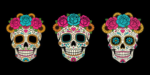 Colorful Sugar Skull Illustrations – Día de los Muertos Floral Calavera Set on Black Background