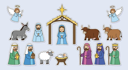 Collection of cute cartoon sticker-style illustrations depicting the Christian nativity scene with all the traditional characters.