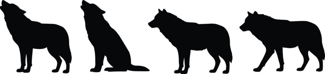Wild wolf silhouette collection, howling wolf, sitting wolf, walking wolf, wildlife illustration, animal vector art, nature, forest, wilderness scene