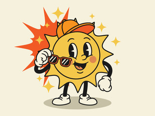 Cute Retro Sun Cartoon Character with Sunglasses – Vintage Summer Mascot Illustration