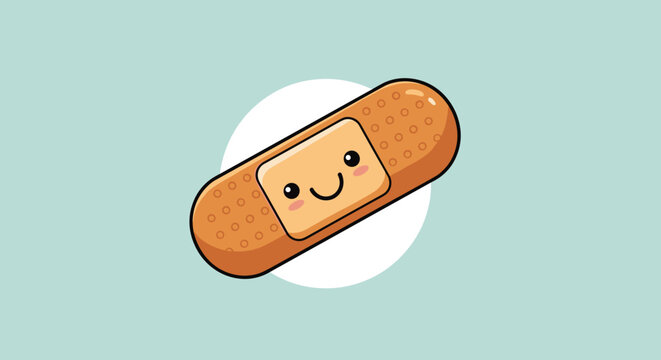 Cute and friendly kawaii-style cartoon bandage with a smiling face, representing first aid and healthcare for children in a gentle way.
