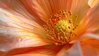 Close up of a vibrant orange poppy flower with delicate petals and yellow stamen covered in dew drops detailed macro photography gentle lighting highlights intricate textures