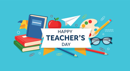 Happy Teacher's Day greeting card design with a collection of school supplies like books, an apple, and art materials on a blue background.