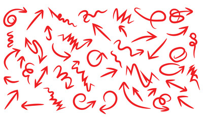 Collection of hand drawn red arrows isolated on for design