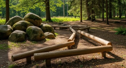 Sunlit forest park with wooden benches and large mossy boulders