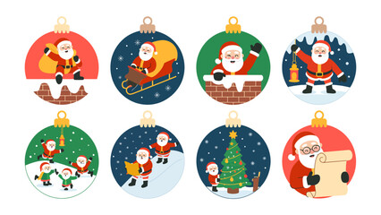 Festive Ornaments with Santa Claus: A collection of vibrant Christmas ornaments, each depicting Santa Claus in various joyful scenes, perfect for holiday decor and spreading cheer.