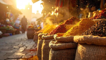 Colorful Spices Arranged in Sacks At Outdoor Market Stall With Sunlight Glaring Through Dust Particles